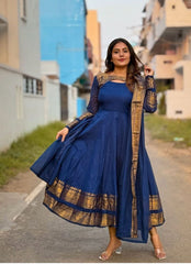 Regal Anarkali Gown with Traditional Zari Border & Dupatta