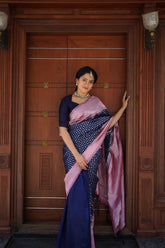 Navy Blue Banarasi Silk Saree with Pastel Pink Pallu