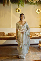 Ivory Floral Handpainted Organza Saree with Mirror Work Blouse