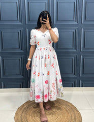 White Floral Print Midi Dress with Puff Sleeves