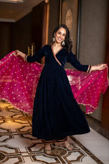 Royal Blue Velvet Angrakha Anarkali Set with Pink Dupatta