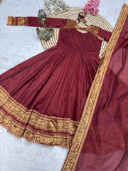 Regal Anarkali Gown with Traditional Zari Border & Dupatta