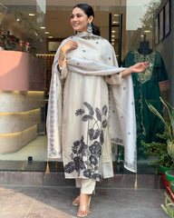 Elegant Cream Straight Kurta Set with Black Floral Print & Dupatta