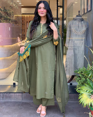 Olive Green Straight Kurta Set with Embroidered Dupatta
