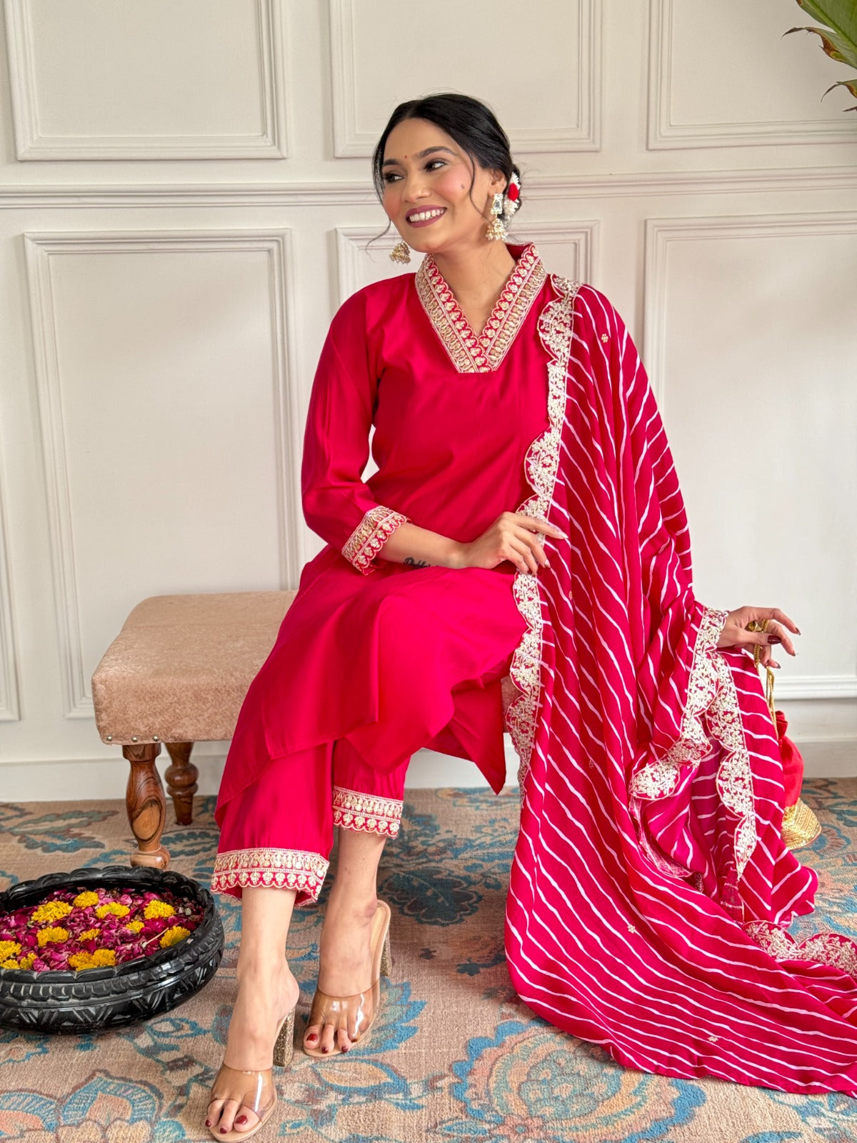 Festive red straight suit set featuring scalloped border bandhej dupatta
