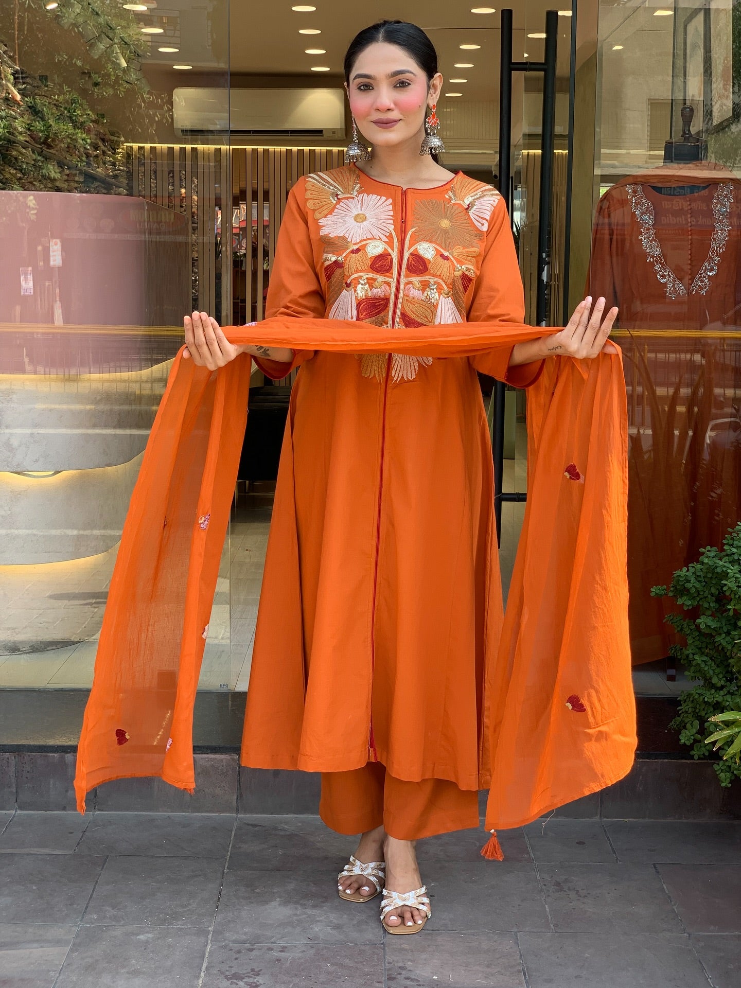 Rust Orange A-Line Kurti Set with Bold Floral Embroidery