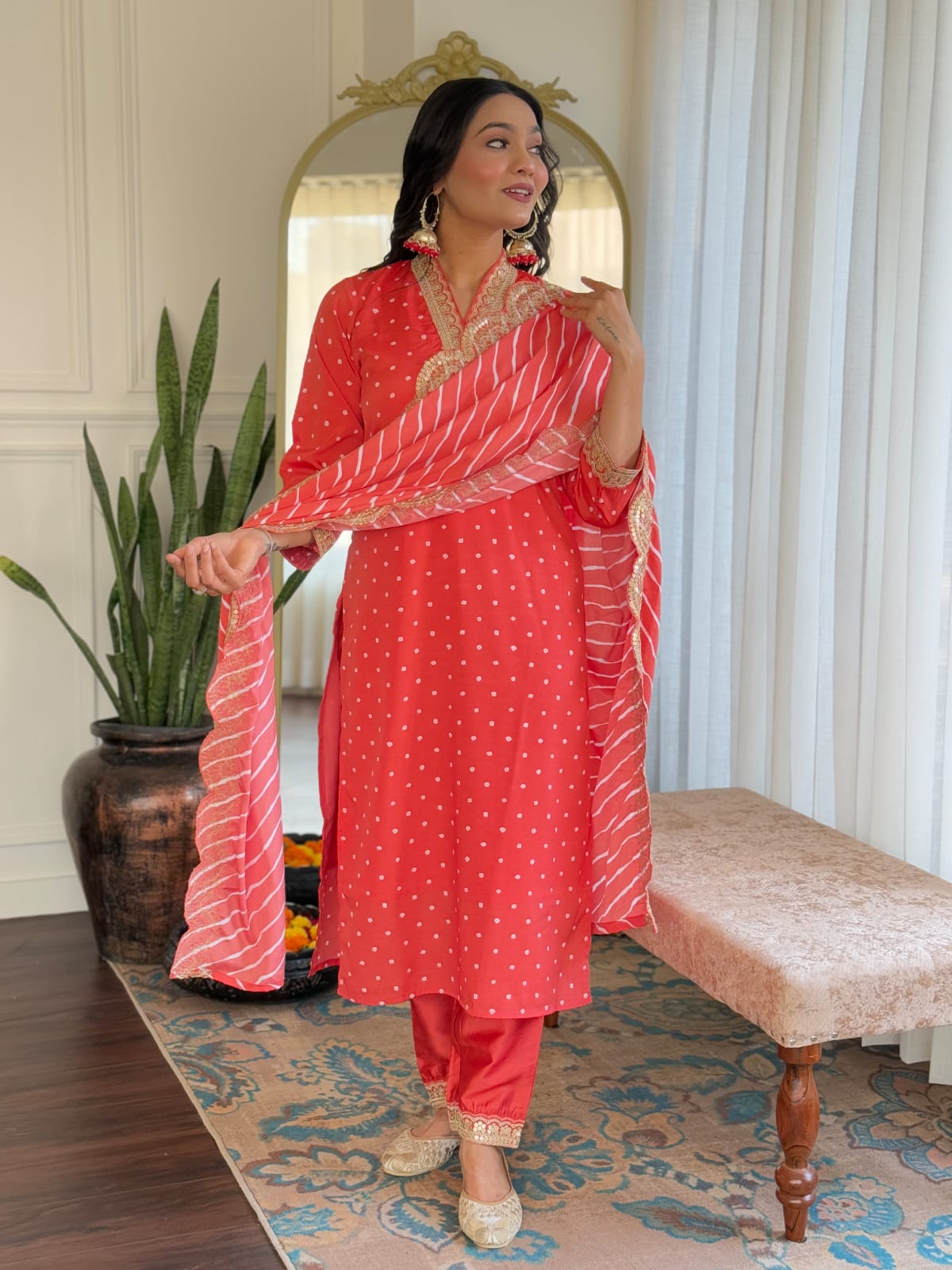 Elegant Polka Dot Kurti Set with Striped Dupatta