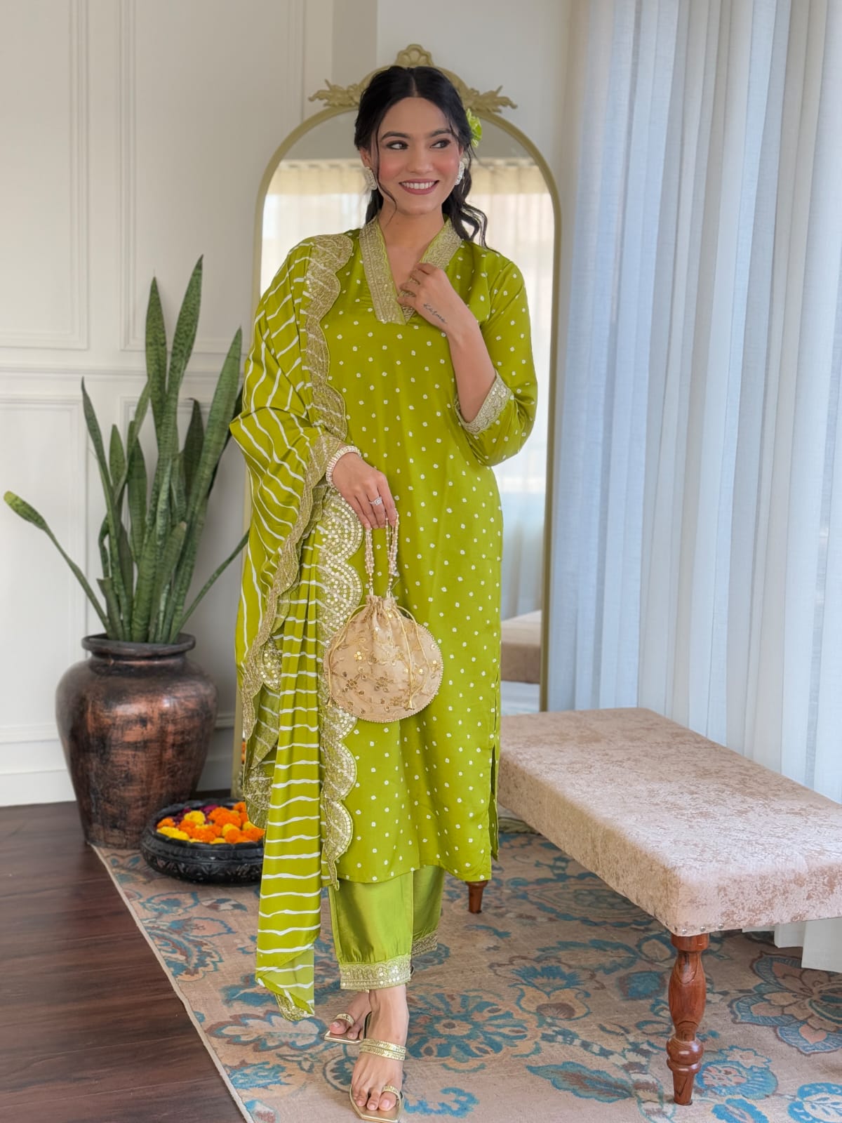 Elegant Polka Dot Kurti Set with Striped Dupatta