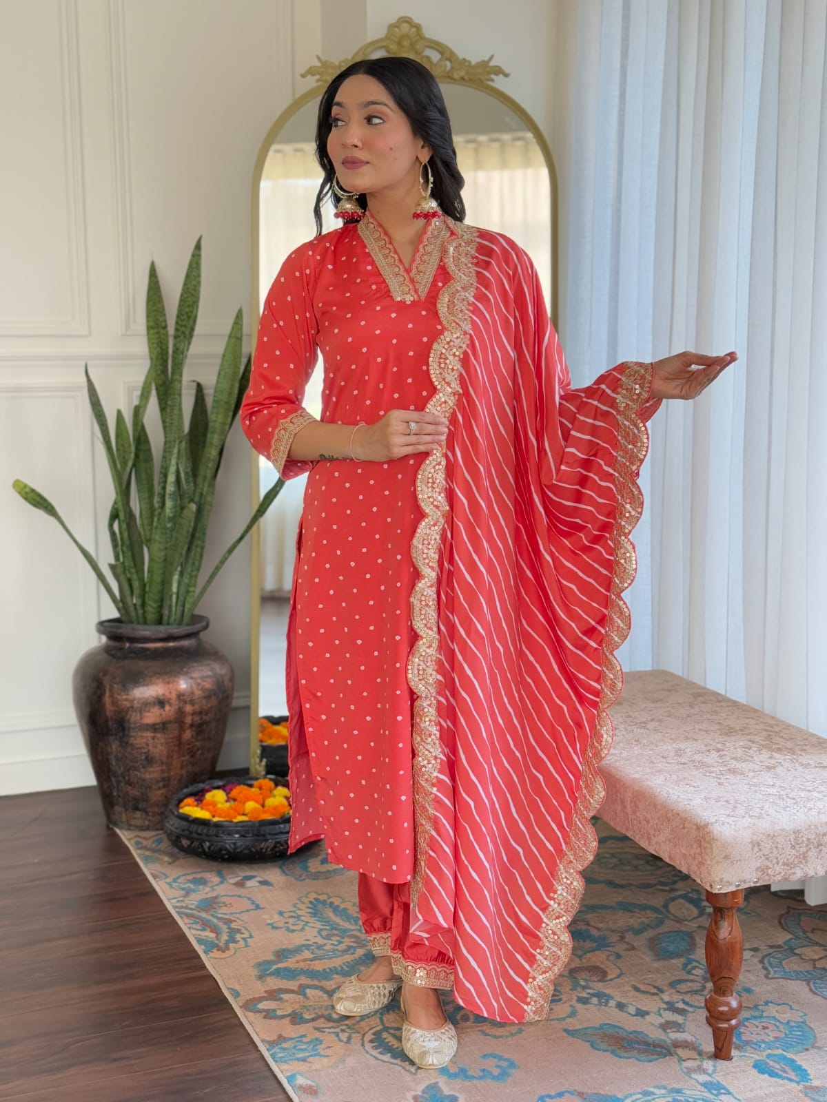 Elegant Polka Dot Kurti Set with Striped Dupatta