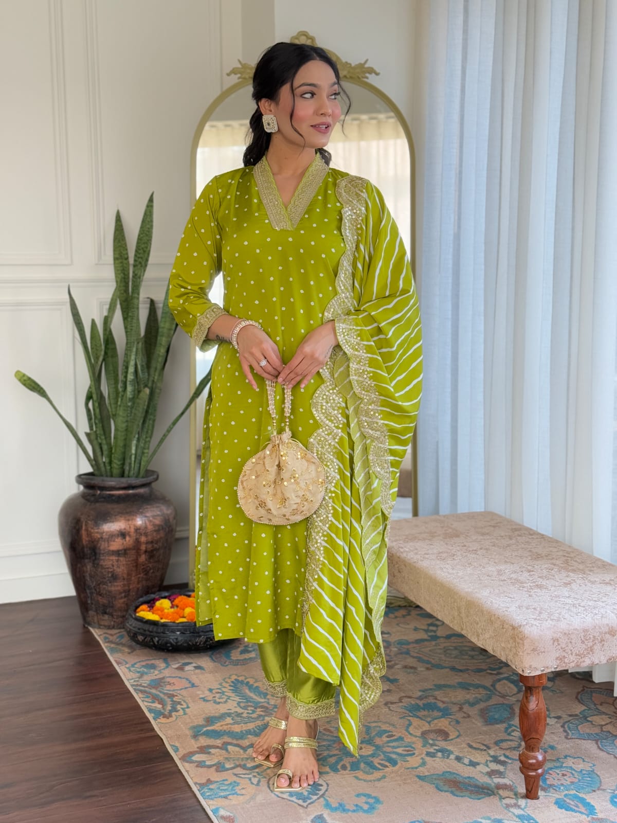 Elegant Polka Dot Kurti Set with Striped Dupatta