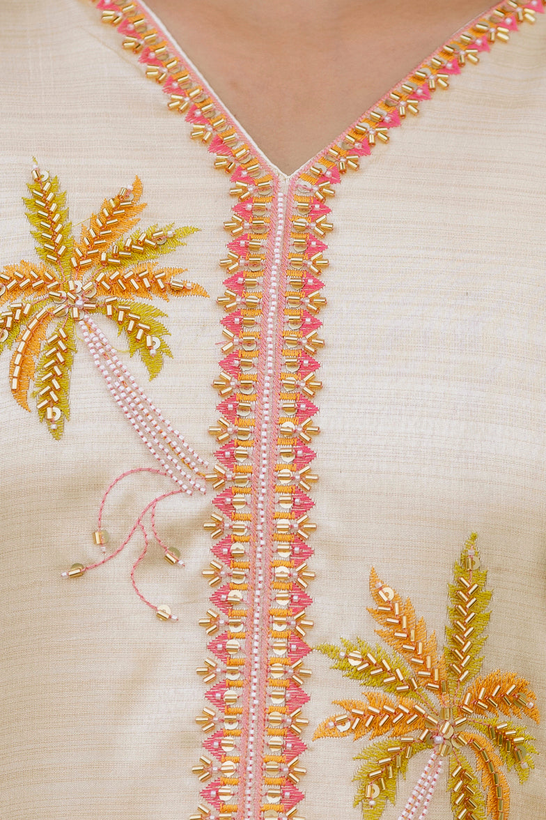 Ivory Kurta Set with Colorful Floral & Animal Motif Dupatta