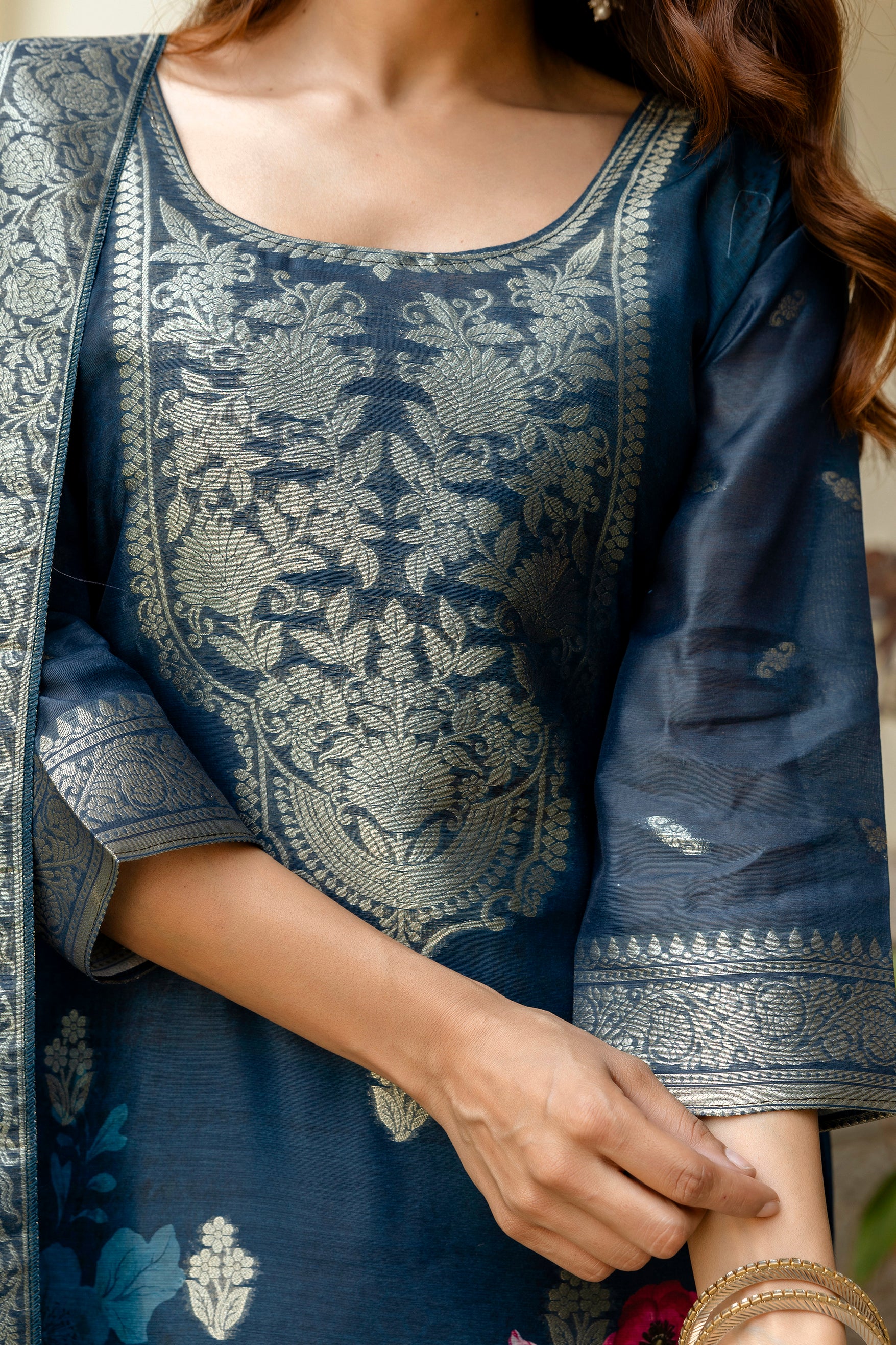 Banarasi Kurta Set with Floral Printed Dupatta