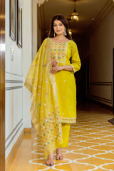 Sunshine Yellow Embroidered Suit Set with Organza Dupatta