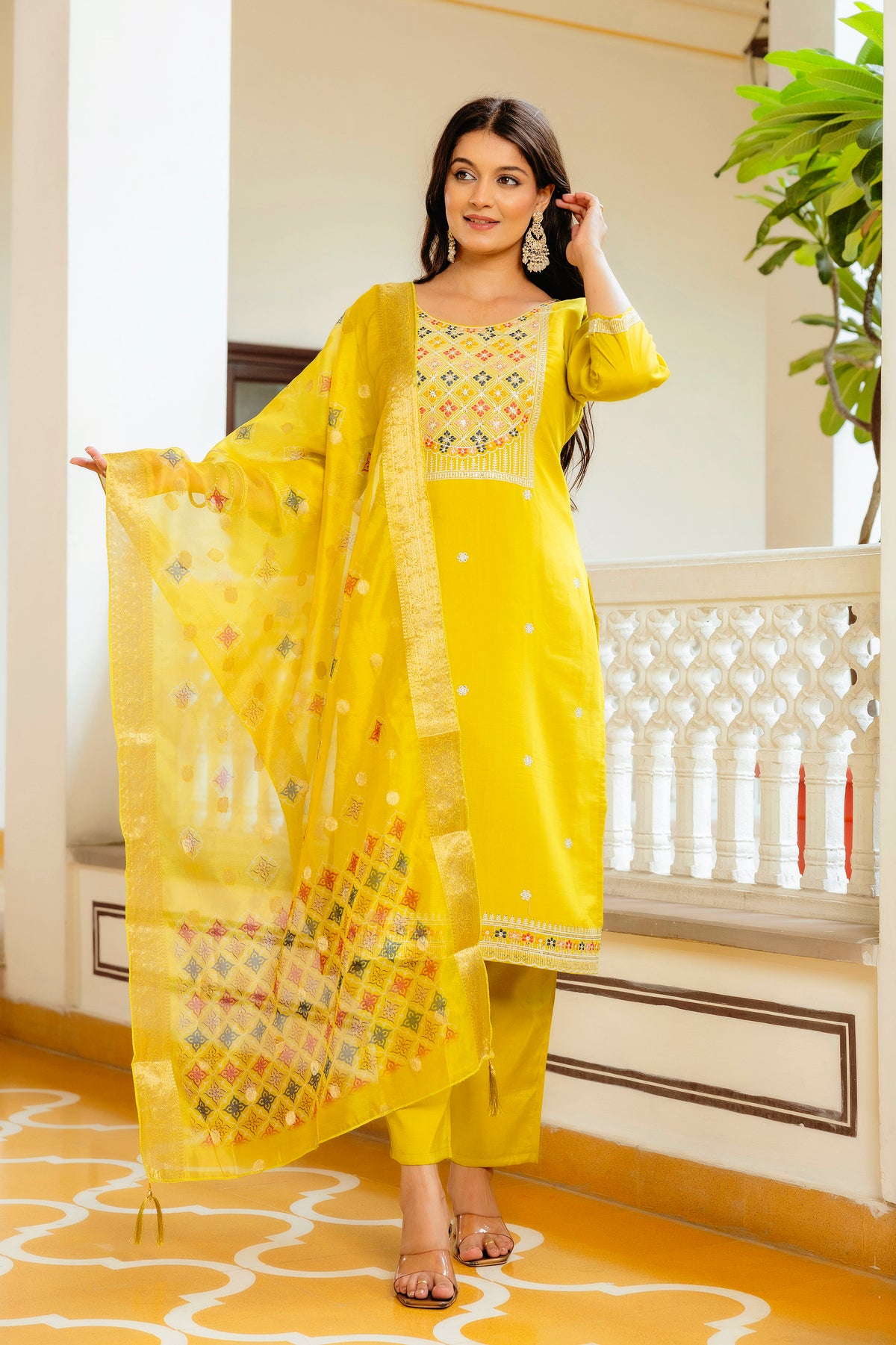 Sunshine Yellow Embroidered Suit Set with Organza Dupatta