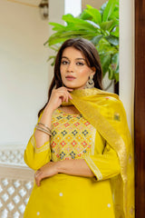 Sunshine Yellow Embroidered Suit Set with Organza Dupatta