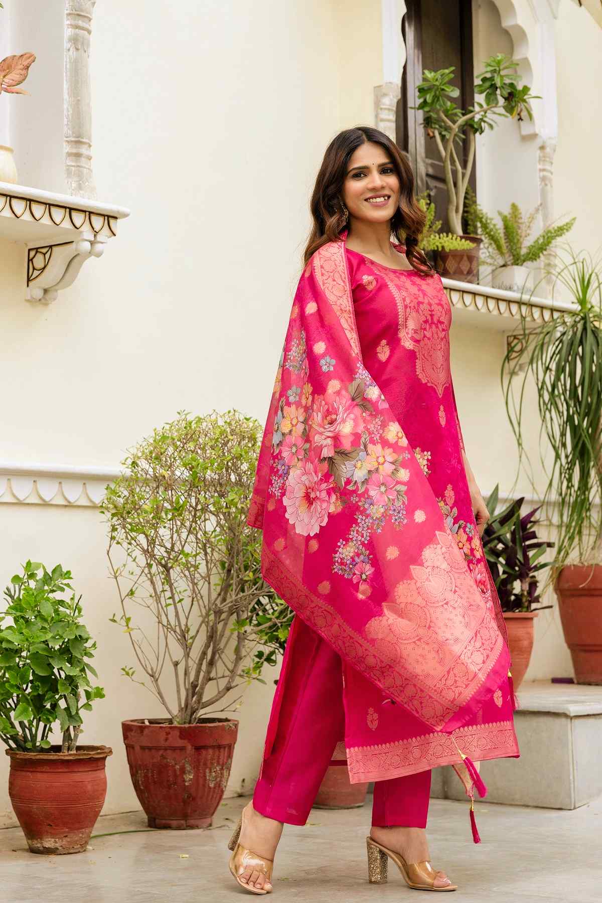 Banarasi Kurta Set with Floral Printed Dupatta