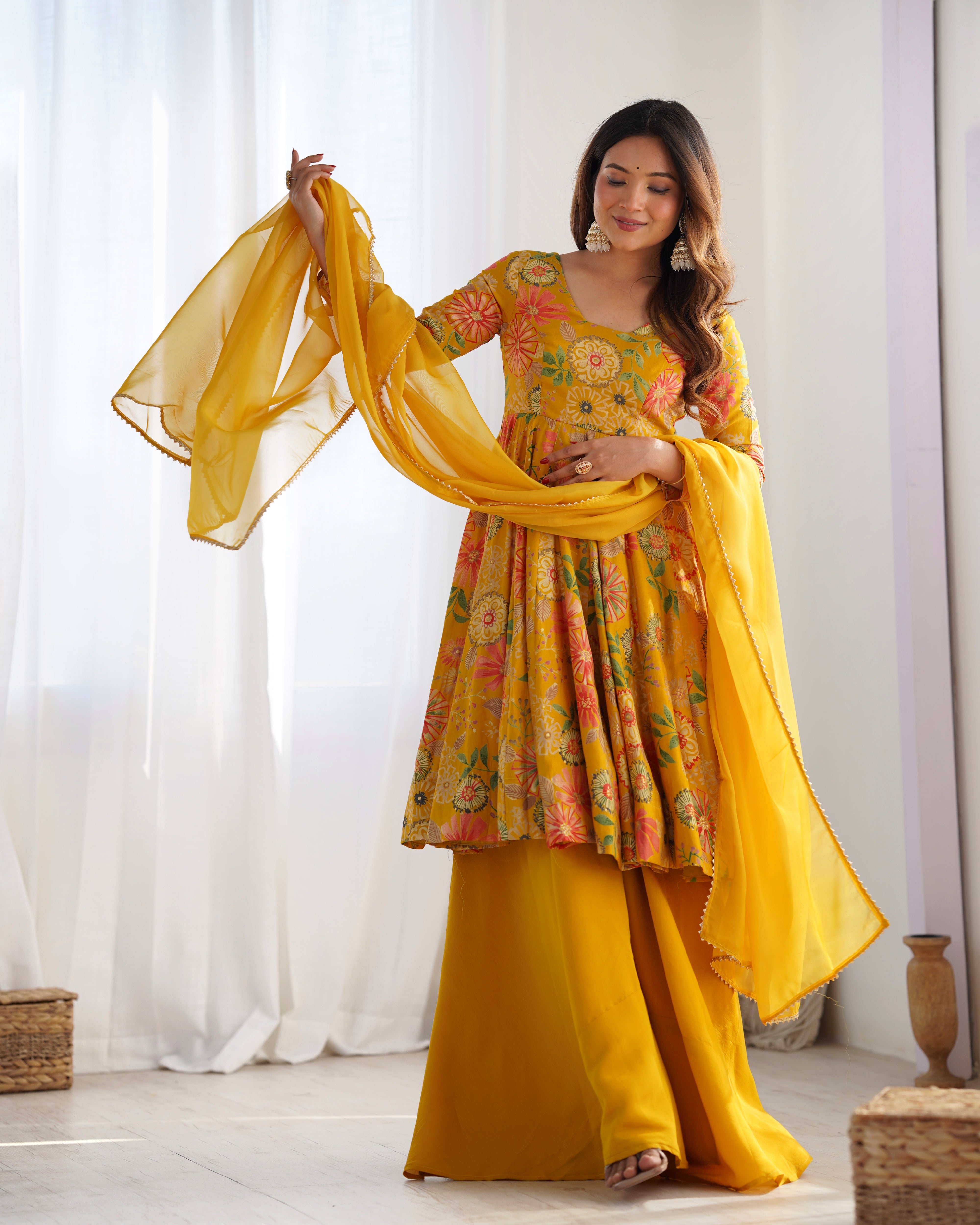 Olive Green Floral Anarkali with Palazzo and Dupatta