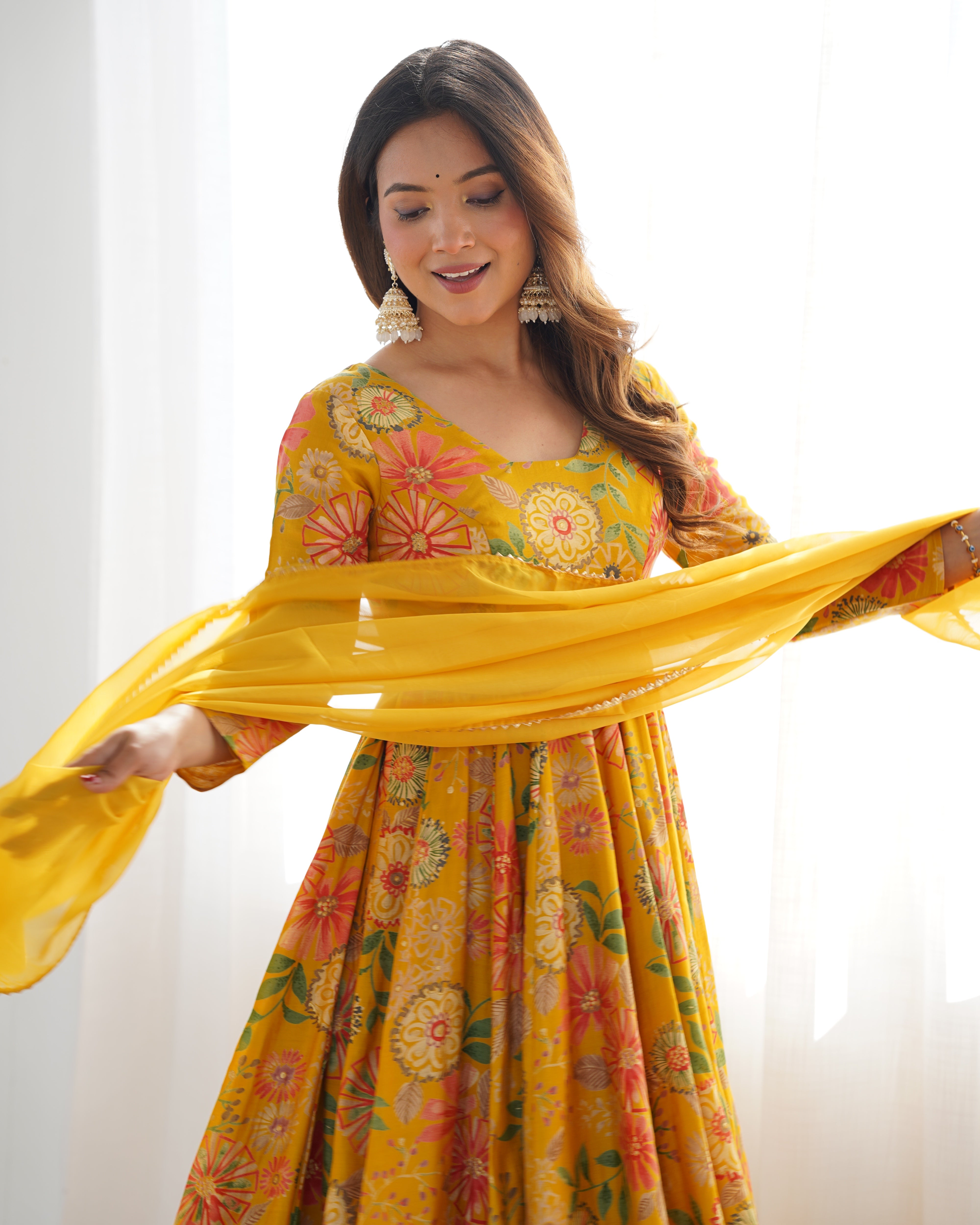 Olive Green Floral Anarkali with Palazzo and Dupatta