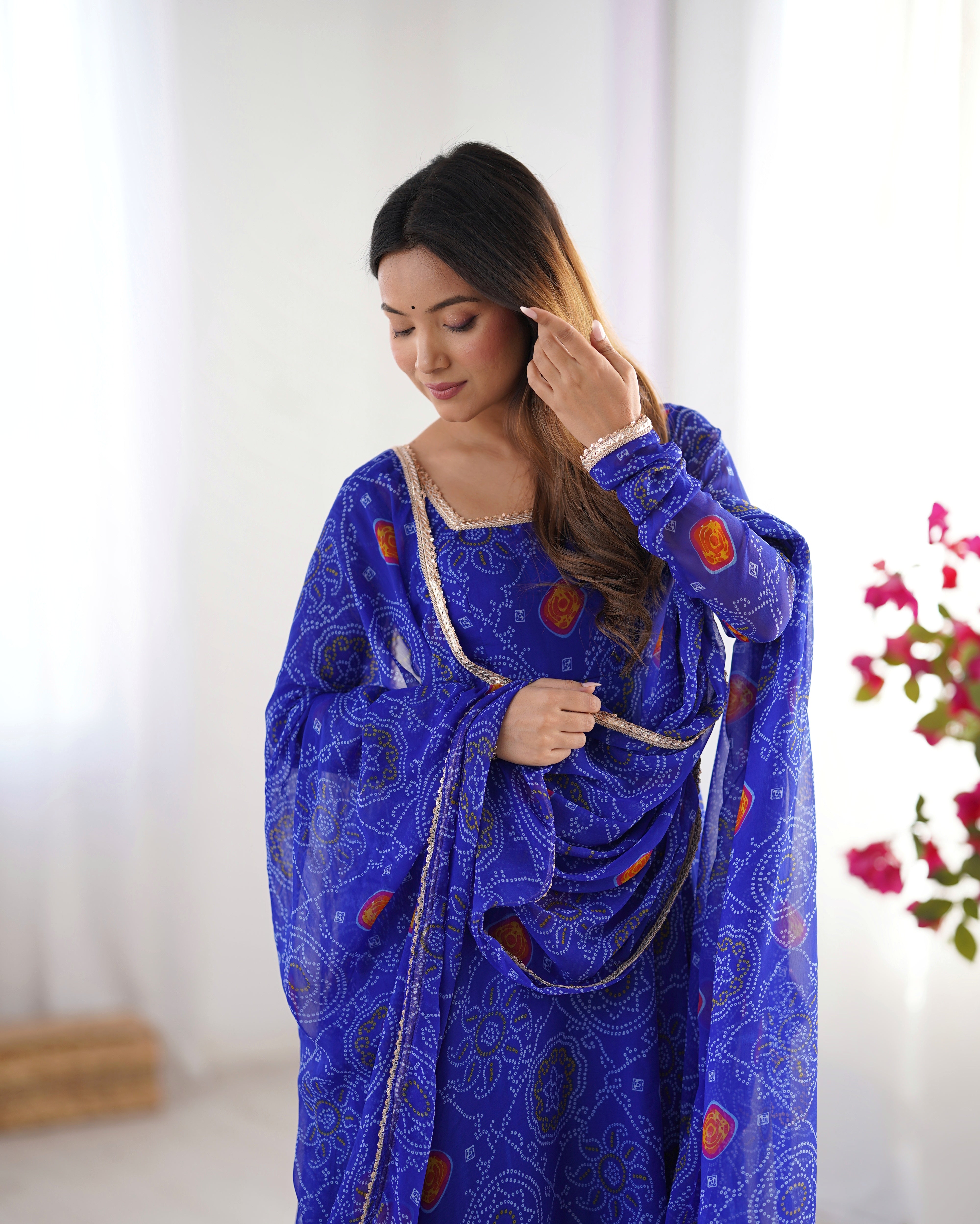 Bandhani Anarkali gown with Dupatta