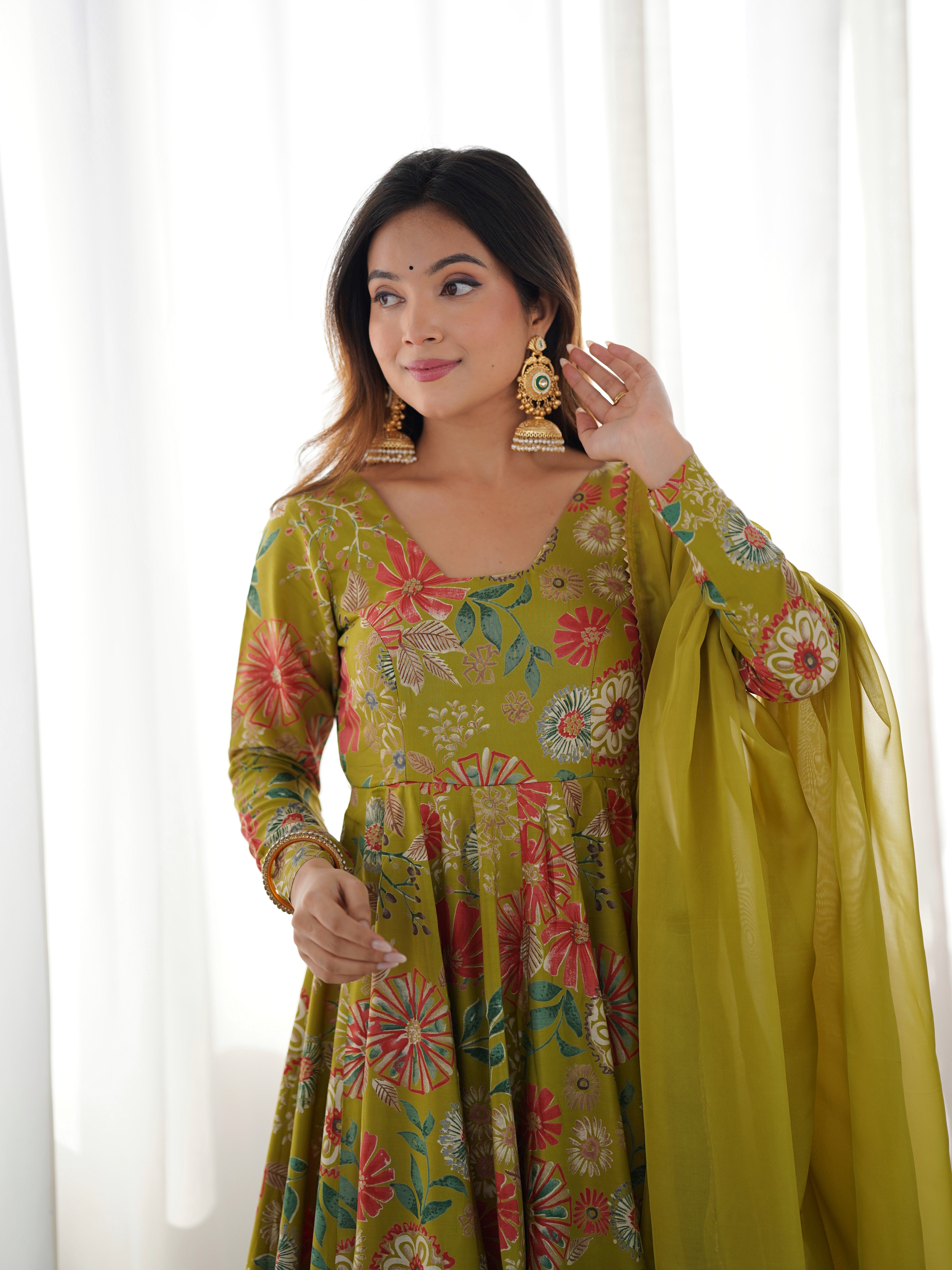 Olive Green Floral Anarkali with Palazzo and Dupatta