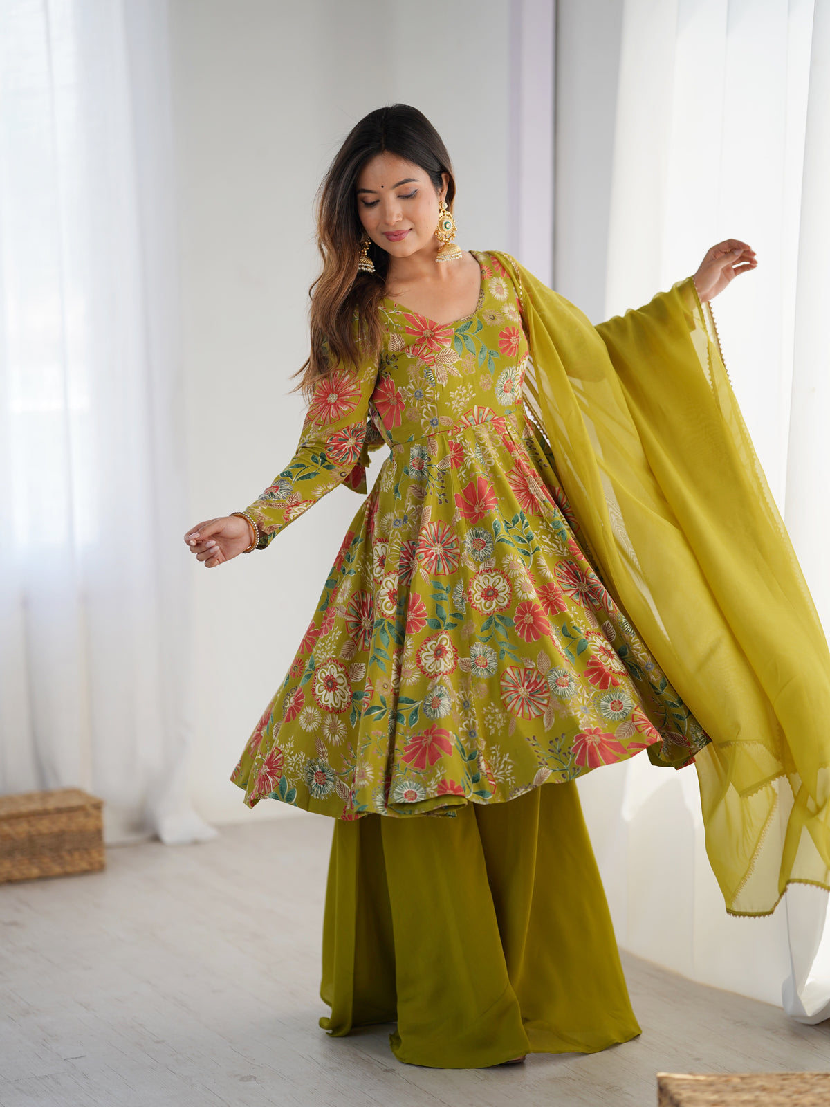 Olive Green Floral Anarkali with Palazzo and Dupatta