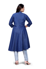 Dark Blue Denim A-Line Kurti with Embroidered Detailing