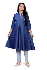 Dark Blue Denim A-Line Kurti with Embroidered Detailing