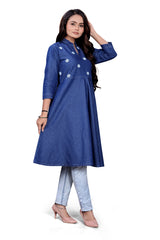 Dark Blue Denim A-Line Kurti with Embroidered Detailing