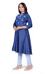 Dark Blue Denim A-Line Kurti with Embroidered Detailing
