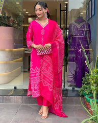 Bandhani Printed Straight Kurta with Dupatta & Pants