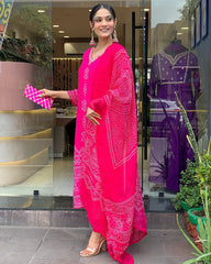 Bandhani Printed Straight Kurta with Dupatta & Pants