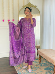 Royal Purple Bandhej Mirror Work Suit Set with Dupatta