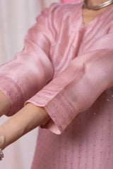Blush Pink Embroidered Kurta Set with Floral Printed Dupatta