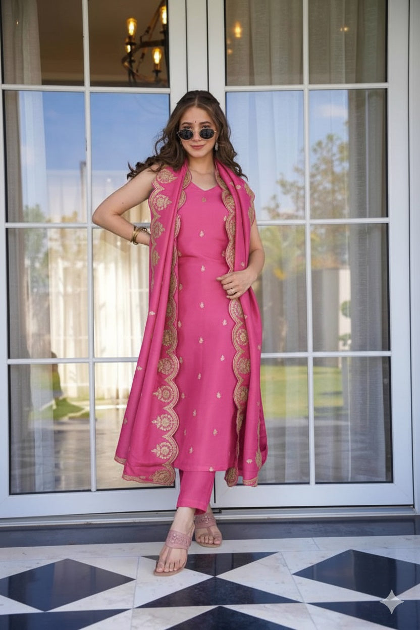 Festive Straight Kurta Set with Embellished Dupatta