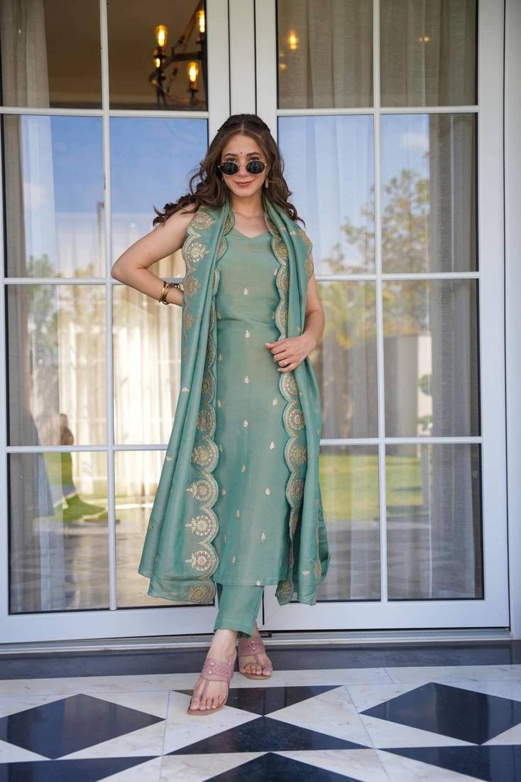Festive Straight Kurta Set with Embellished Dupatta