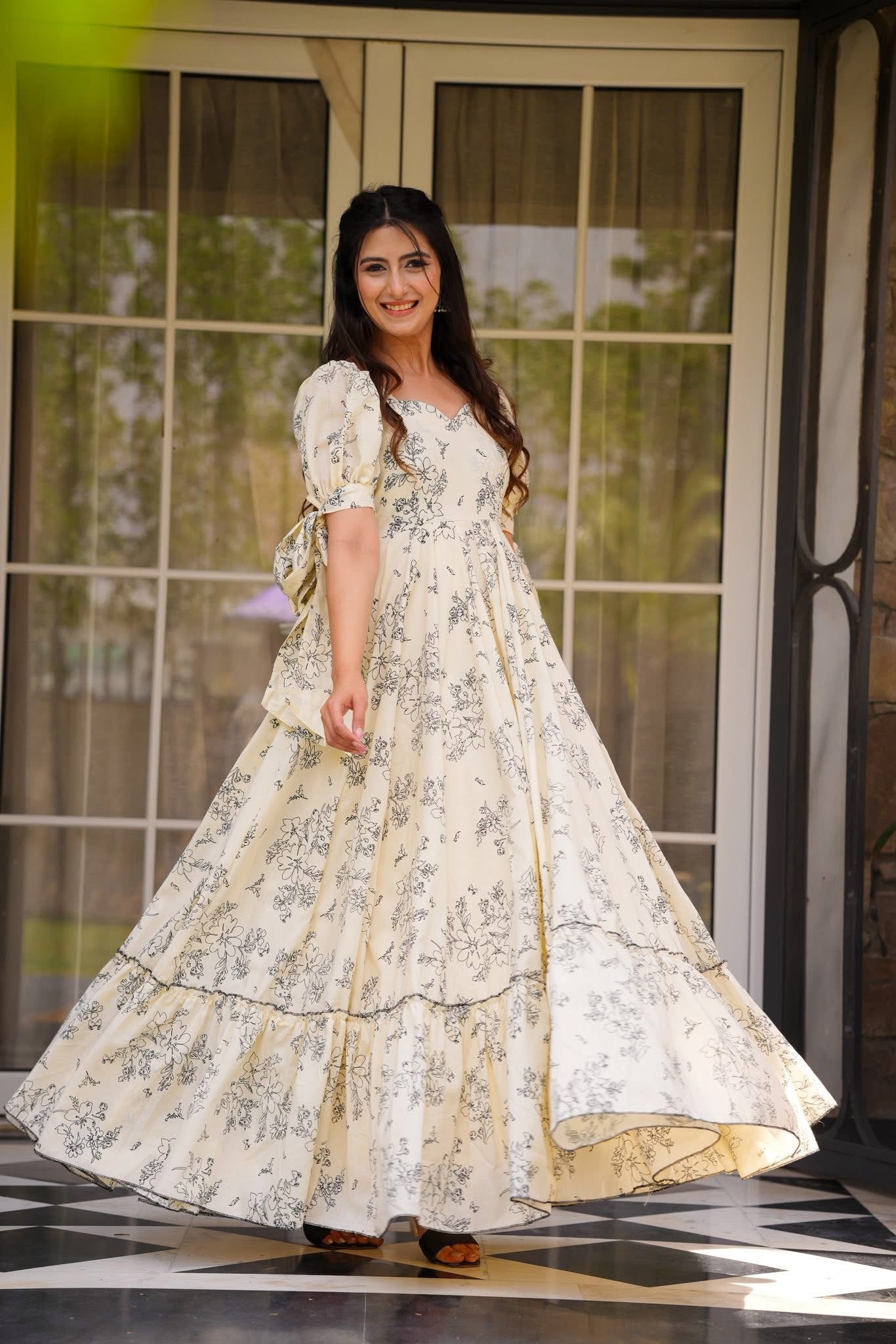 Elegant Ivory Floral Print Gown with Puff Sleeves