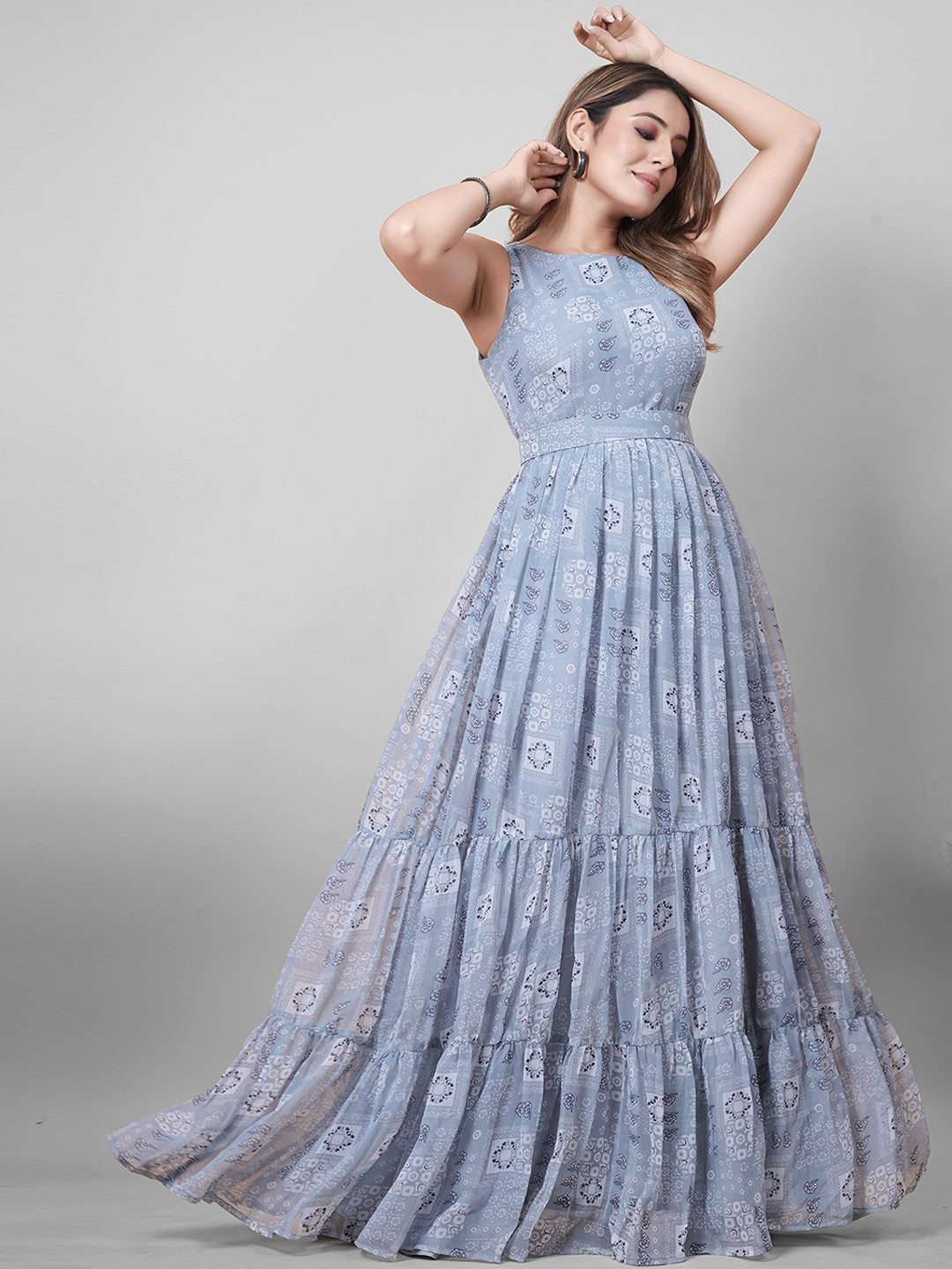 Graceful Grey Printed Sleeveless Maxi Gown