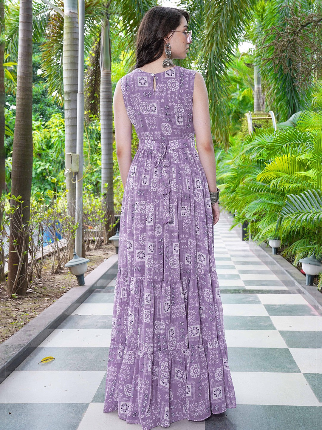 Elegant Lavender Printed Flared Maxi Gown