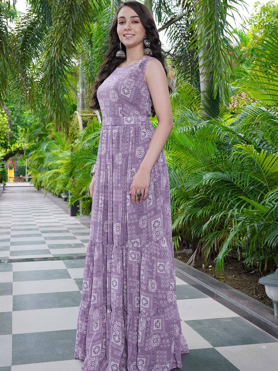 Elegant Lavender Printed Flared Maxi Gown