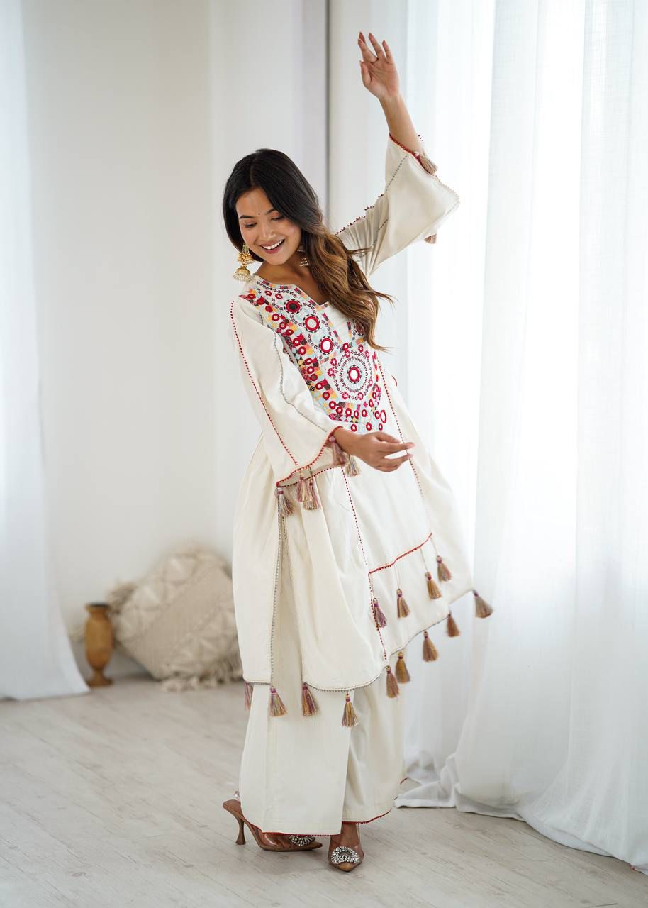 Ivory Cotton Mirror Work Kurta Set with Tassels