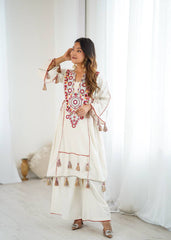 Ivory Cotton Mirror Work Kurta Set with Tassels