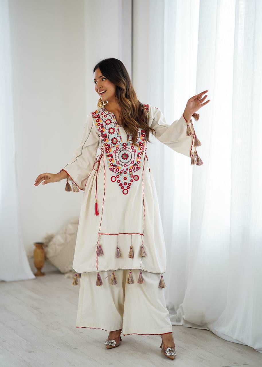 Ivory Cotton Mirror Work Kurta Set with Tassels