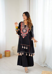 Ivory Cotton Mirror Work Kurta Set with Tassels