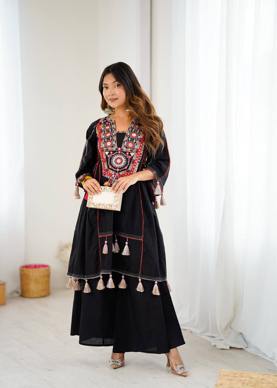 Ivory Cotton Mirror Work Kurta Set with Tassels