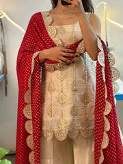 White Soft Chinon Embroidered Work Suit Set with Dupatta