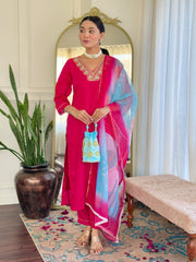 Festive-ready kurta pant set with statement dupatta and embroidery
