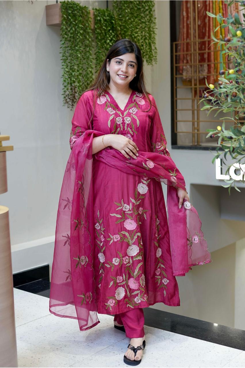 Graceful embroidered ethnic wear in soft pastel with sheer dupatta