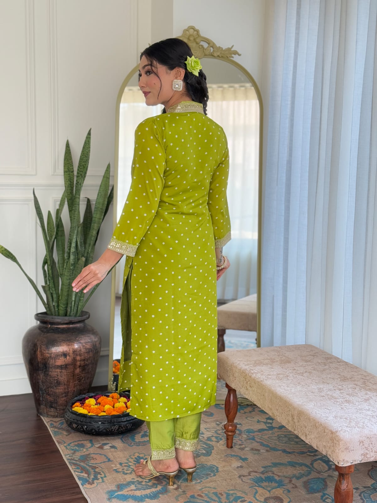 Elegant Polka Dot Kurti Set with Striped Dupatta