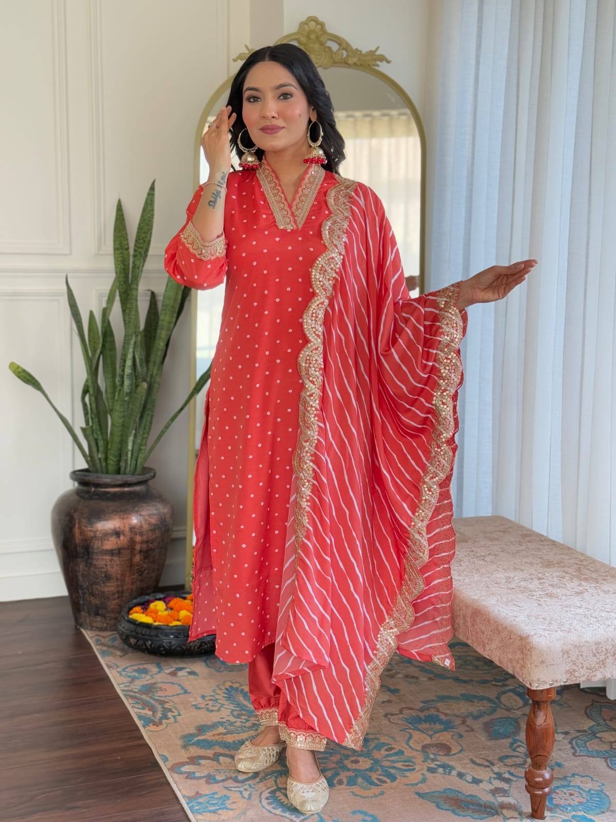 Elegant Polka Dot Kurti Set with Striped Dupatta