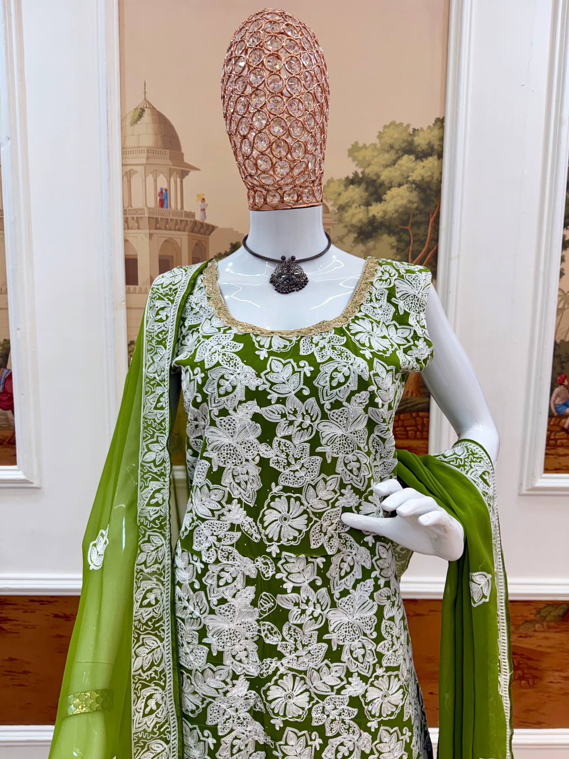 Elegant Red Sharara Suit with Intricate White Embroidery